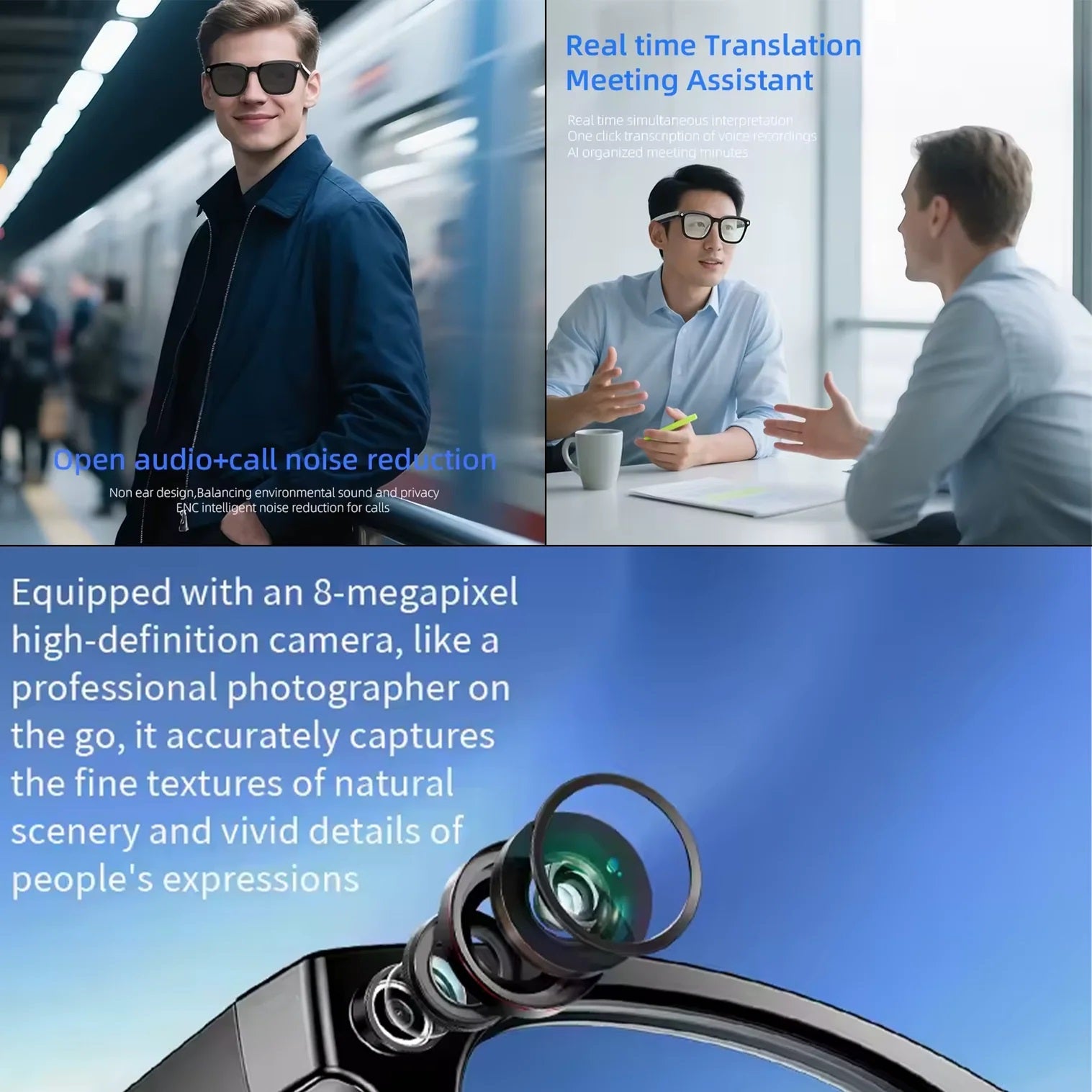 AI Smart Camera Glasses with Speakers – 8MP HD Camera, Bluetooth Calls, Music, 16GB Storage & 3 Interchangeable Lenses