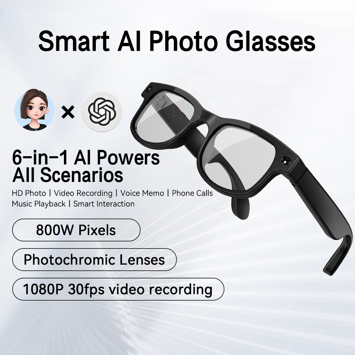 AI Smart Camera Glasses with Speakers – 8MP HD Camera, Bluetooth Calls, Music, 16GB Storage & 3 Interchangeable Lenses